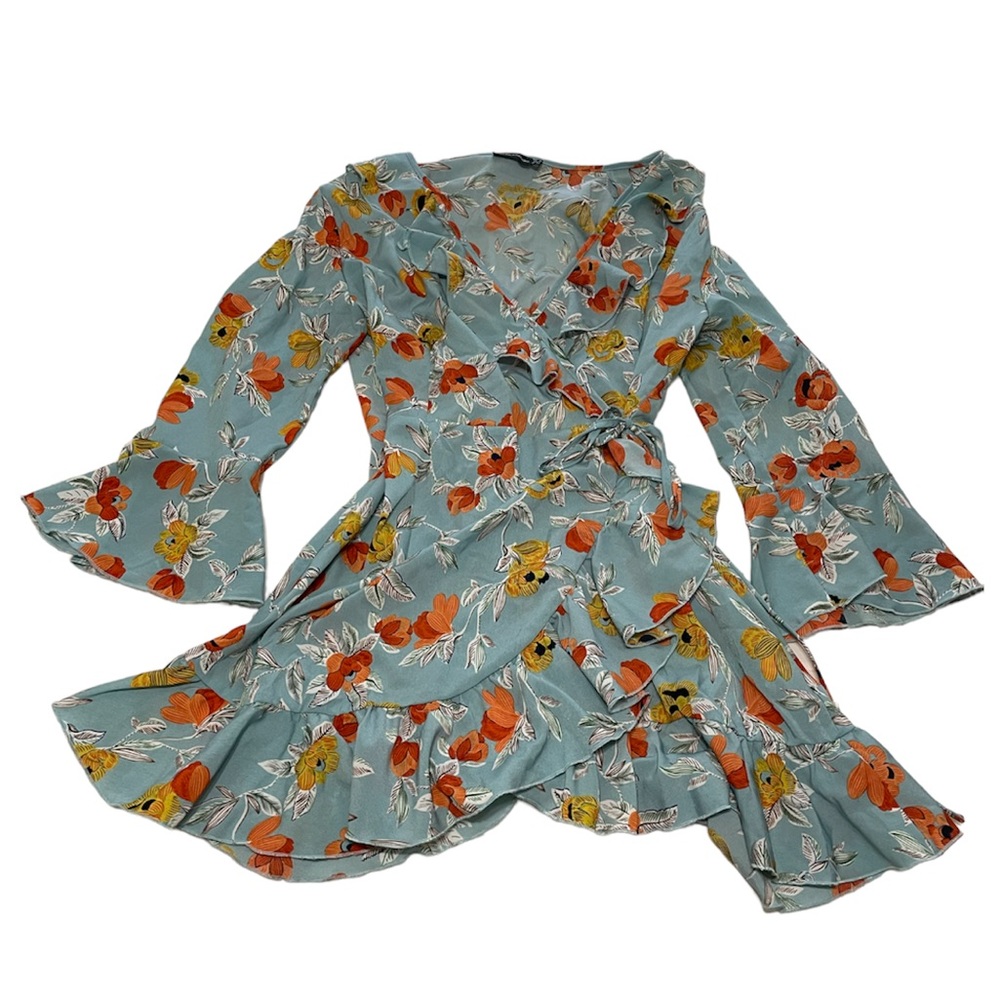 Pretty Little Thing Blue & Orange Floral Ruffle Wrap Dress - Picture 7 of 10